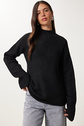 Happiness İstanbul Pulover de tricotaj oversize de bază negru pentru femei MX00237