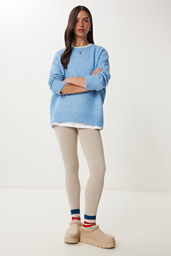 Happiness İstanbul Kadın İndigo Mavi Oversize Triko Kazak PN00054