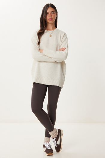 Happiness İstanbul Damen-Übergroßer Strickpullover in Stein PN00054