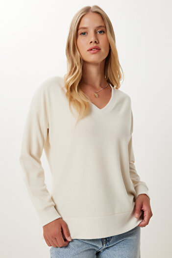 Happiness İstanbul Women's Cream Soft Textured Basic Knitwear Sweater Ub00419