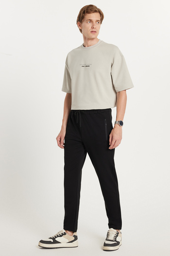 Tudors Unisex Standard Fit Βαμβακερές τσέπες με φερμουάρ με 2 νήματα Ελαστικό δέσιμο ίσιο μαύρο παντελόνι