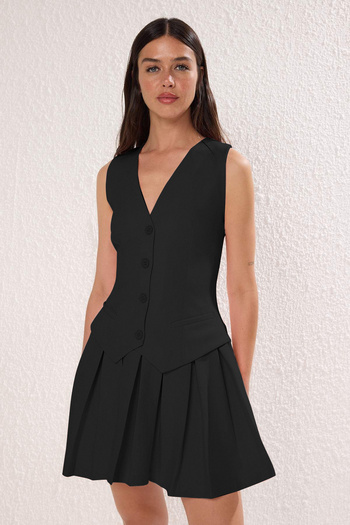 Trendyol Collection Μαύρο κοντό / μίνι υφαντό φόρεμα με ίσια κουμπιά TWOSS25EL00866