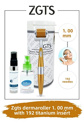 Zgts Dermaroller 1.00mm Gold Derma Roller with Disinfectant Gift 192 Titanium Needles