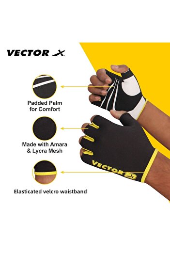 Vector X Fitness Glove Unisex (Black,Medium) Nylon Weight Lifting, Exercise, Fingerless Grip Gloves