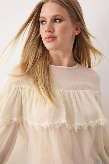 Trendyol Collection Ecru Chiffon Lace Detailed Crew Neck Woven Blouse Twoaw26Bz00055