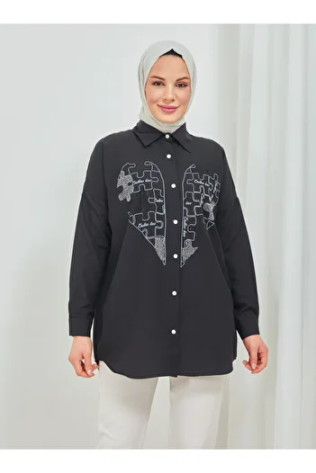 SAHRA BUTİK Heart Printed Black Stone Embroidered Tunic - Puzzle - Sahra Butik