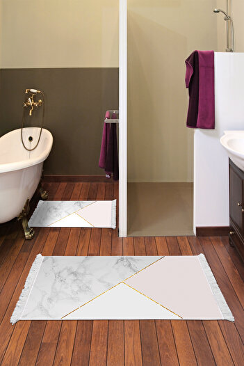 Alanur Home Non-Slip Base Djt Toilet Set Trend Fringed Geometric E5008 White