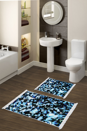 Alanur Home Non-Slip Base Djt Toilet Set Trend Fringed Geometric E5012 Blue