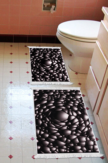 Alanur Home Non-Slip Base Djt Toilet Set Trend Fringed Geometric E5009 Black