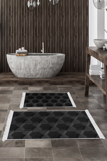 Alanur Home Non-Slip Base Djt Toilet Set Star Leather Fringed Geometric E5016 Black