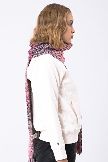 Nordbron Women's Fuchsia Tasseled Scarf Knitwear Colorful Winter Flexible Soft Textured Acrylic Carin Block Patterned