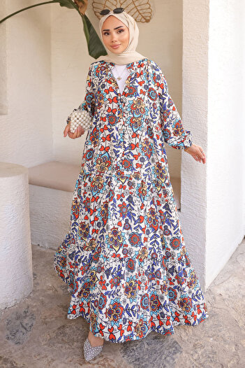 İmajButik Φόρεμα Saks Blue με μισό κουμπί φούστα