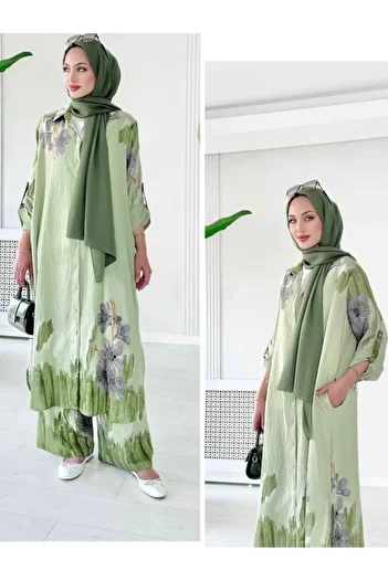 QUAWEAR Shirt Collar Long Tunic Side Pockets Trousers Double Set