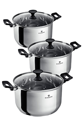 Blaumann Stainless Steel Cookware Set 6 Pcs Pots 16/20/24 Cm Gourmet Line Induction Dishwasher Safe