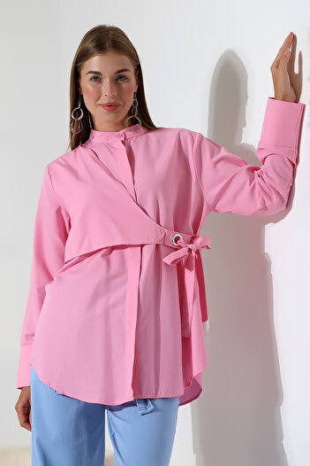 ensade Belted Plain Yellow Tunic Shirt - Hijab Compatible