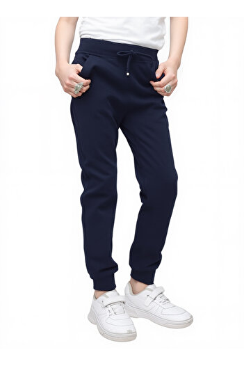 Jannock Girls' Knitted Cotton Combed School Trousers – 100% Cotton – Elastic Waist and Leg – Navy Blue Color