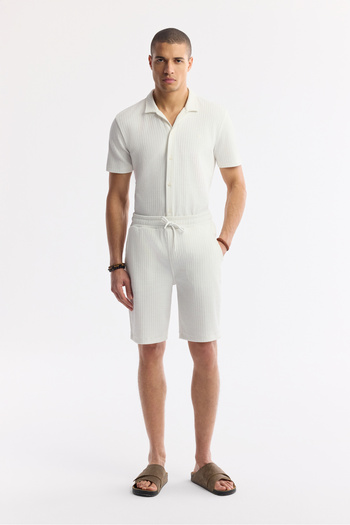 Avva Men's Regular Fit Ecru Elastic Waist Lace-Up Cotton Knitted Shorts A51Y3617
