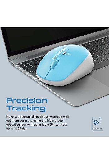 Promate Wireless Mouse, Ergonomic 2.4GHz Wireless with Comfort Grip, Adjustable 1600DPI, 4 Programma