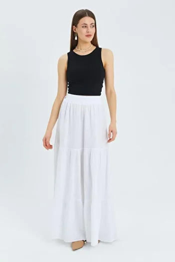 Mixray White 4567 Women's Long Muslin Skirt - Ruffled