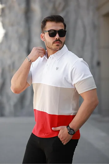 Miron Men's Polo Neck White Cream Orange Color Block 100% Cotton T-Shirt - 2532