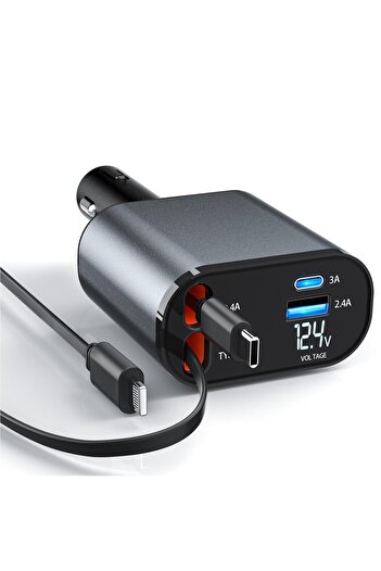 VENTLEX 4in1 Retractable Fast Car Charger Digital Voltage Display With 2 Retractable Typec/apple Cables