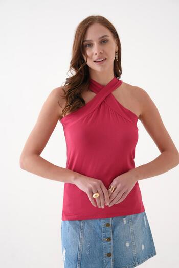 SHEMALL LUXURY Pink Halter Neck Combed Cotton Blouse with Cross Strap 25522