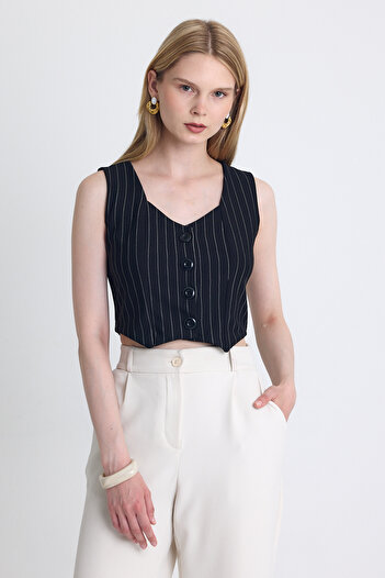 Rays Black Striped V-Neck Buttoned Crop Vest with Cuff Detail 4288A