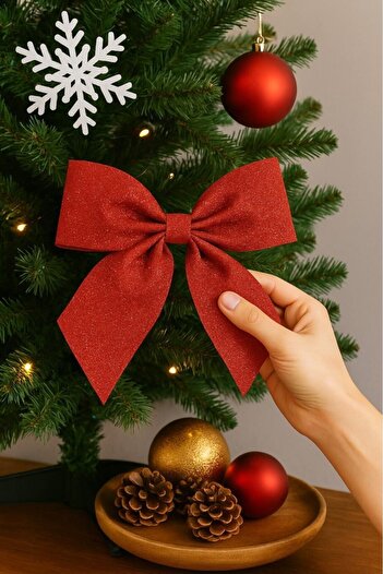 BeySüS Christmas Tree 2-Piece Bow Red Glitter Eva Door and Glass Ornament