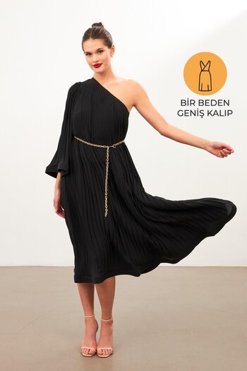 Setre Black One-Shoulder Pleat Detailed Loose Dress