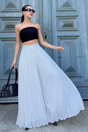 lodmela Elastic Waist Pleated Chiffon Trousers 6030-White