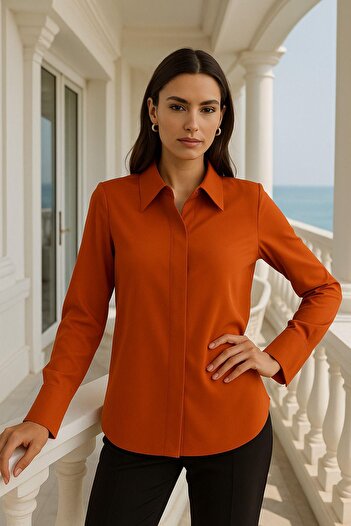 Rich Women's Tile Hidden Button Detailed Slim Fit Trend Crepe Shirt
