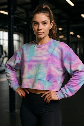 Rich Women's Tie Dye Pattern Colorful Crop Oversize Relaxed Long Sleeve Sweatshirt