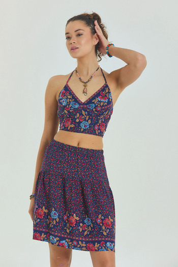 Los banditos Patterned Water Fabric Elastic Waist Bohemian Mini Skirt