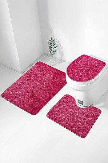 Bestekar Luvora Fuchsia Patterned Non-Slip Based Machine Washable Soft 3-Piece Bathroom Set
