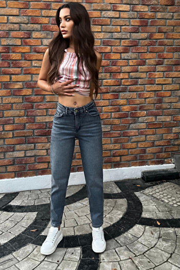 BİKELİFE Kadın Yüksek Bel Boyfriend Likralı Kot Pantolon
