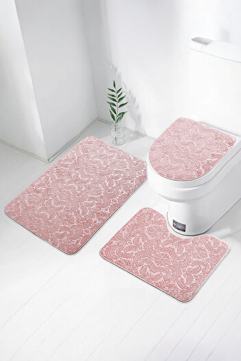 Bestekar Luvora Powder Patterned Non-Slip Based Machine Washable Soft 3-Piece Bathroom Set