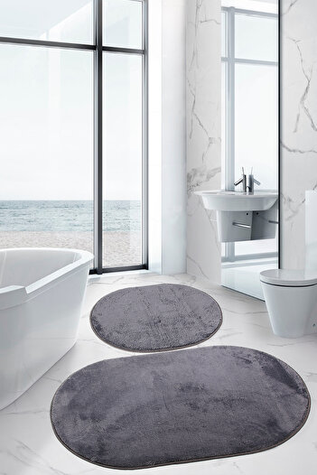 Bestekar Lunasoft Anthracite Oval Modern Soft Machine Washable Non-Slip Luxury 2-Piece Bathroom Mat Set