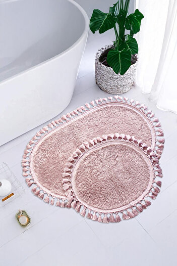 Bestekar Lunasoft Powder Double Tassel Oval Bath Mat Non-Slip Base Luxury Soft Washable Modern