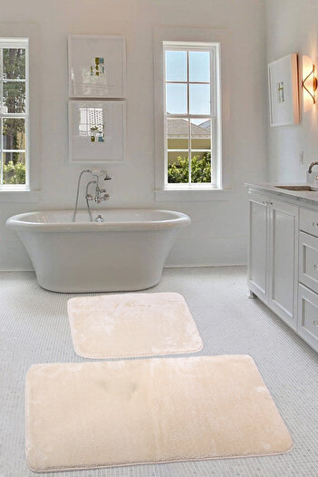 Bestekar Lunasoft Cream Modern Design Non-Slip Base Soft Machine Washable 2-Piece Bathroom Mat Set