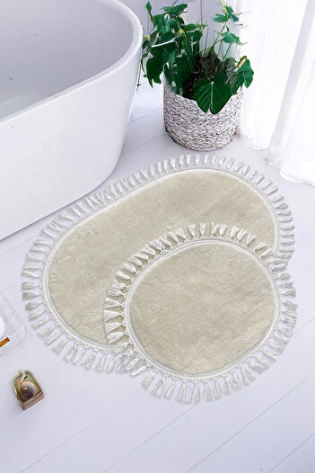 Bestekar Lunasoft Cream Double Tassel Oval Bath Mat Non-Slip Base Luxury Soft Washable Modern