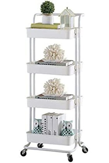 Generic 4-Tier Kitchen Rolling Cart, Utility Storage Trolley Cart with Wheels, Laundry Waterproof Cart, Mobi