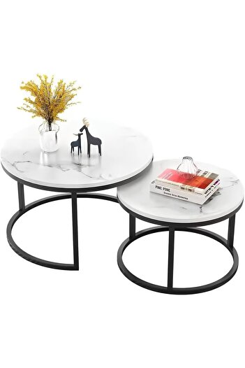 Generic Set of 2 Round Nesting Coffee Tables – Sofa Side End Tables for Living Room – Stylish Marble Top