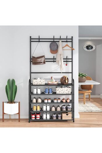Generic Fohome 5-Tier Coat Rack with Shoe Rack, 3 in 1 Shoe Organizer Cabinet Entryway with 8 Hooks