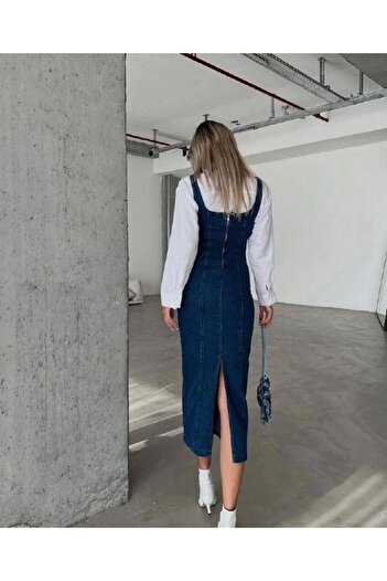 ETİKAFASHION Timagna Dar Kesim Askılı Yırtmaçlı Midi Boy Denim Elbise