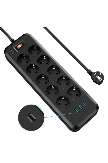 INNOVIO Prelungitor INNOVIO® de Putere Mare 4000W 16A, 10 Prize cu 4 Porturi USB (USB-C PD 30W), Protectii
