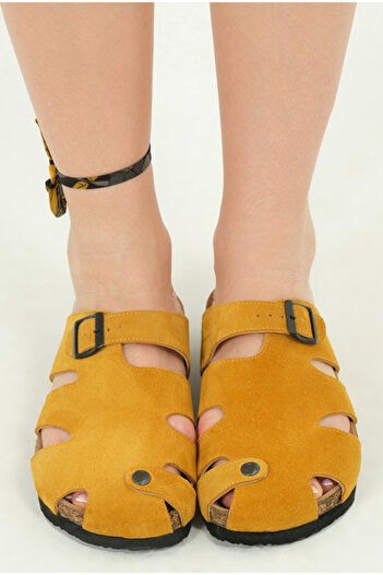 Lemoors Marta Natural Cork Sole Genuine Suede Leather Mustard Yellow Sabo Slippers