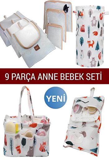 MorPort Lüx 9 Parça Anne Bebek Seti - Çamaşır Sepeti, Bebek Çantası, Alt Açma Çantası, 6'lı Valiz Organizeri