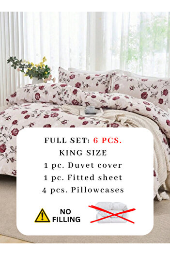 LUNA HOME King Size 6-piece Duvet Cover Set Beige Wit Vintage Red Rose Print 220x240cm.