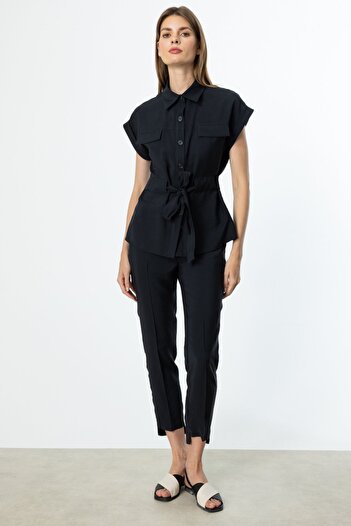 Ekol Women's Elastic Waist Leg Detail Trousers 3332 Black