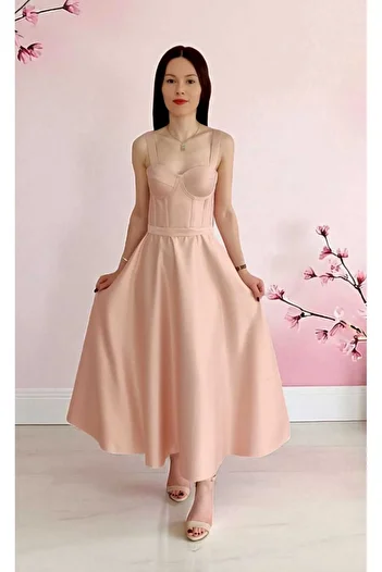 FİYPER Powder Midi Length Satin Evening and Graduation Dress